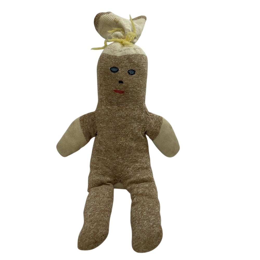 Vintage Handmade Sock Doll Brown Cream Yarn Hair Folk Art Plush 12 Inch‎
